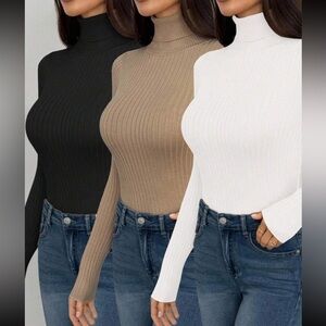 Women's Ribbed Turtleneck Sweater - Black, Beige, White Pack of 3